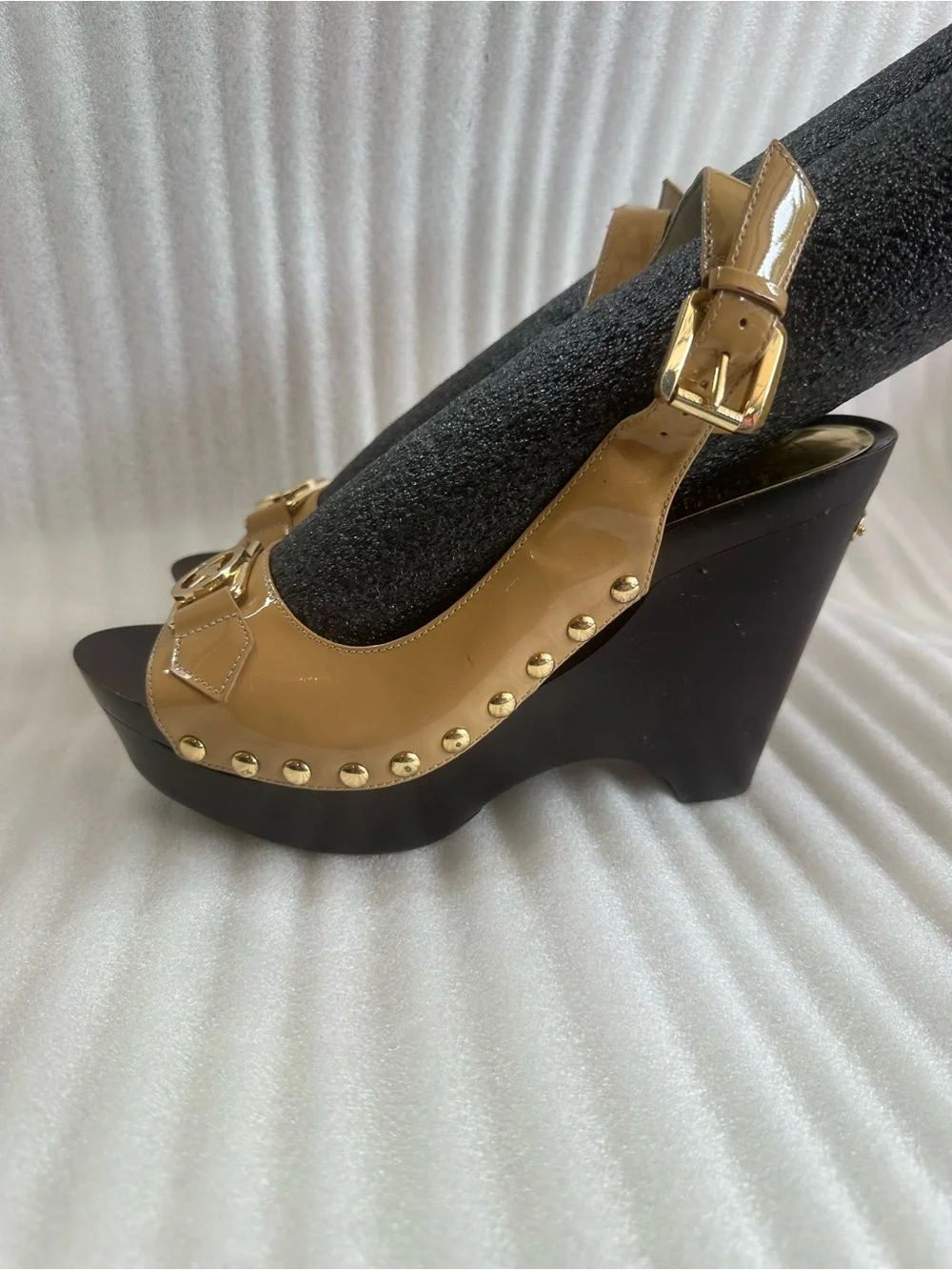 Michael Kors Tan Patent Wedge Sandals with Gold Stud Accents